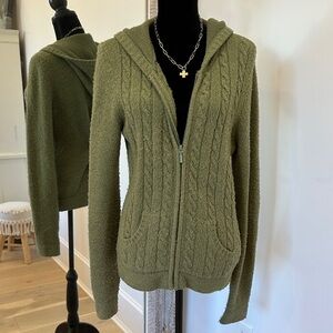 Lilu Olive Green Cable-Knit Hooded Zip Cardigan With Pockets